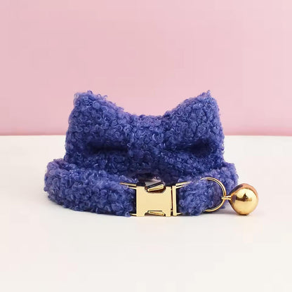Teddy Bear Cat Collar, Personalised Tag, Fluffy Fleece Cat Collar with Bell or Bow, Custom Name Cat Collar, Engraved Name on Puppy Collar