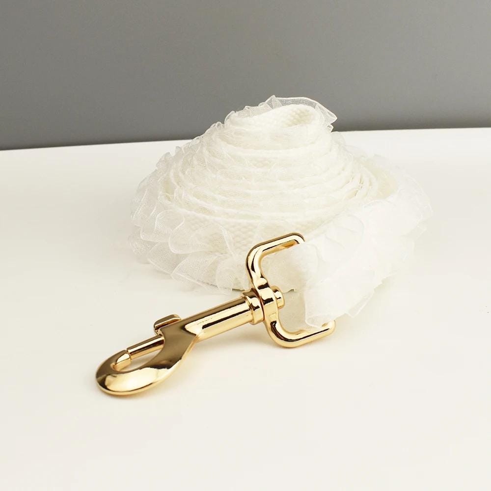 White Dog Collar, Custom Lace H-Style Dog Harness with Name, Velvet Dog Poop Bag, Leash, for Wedding