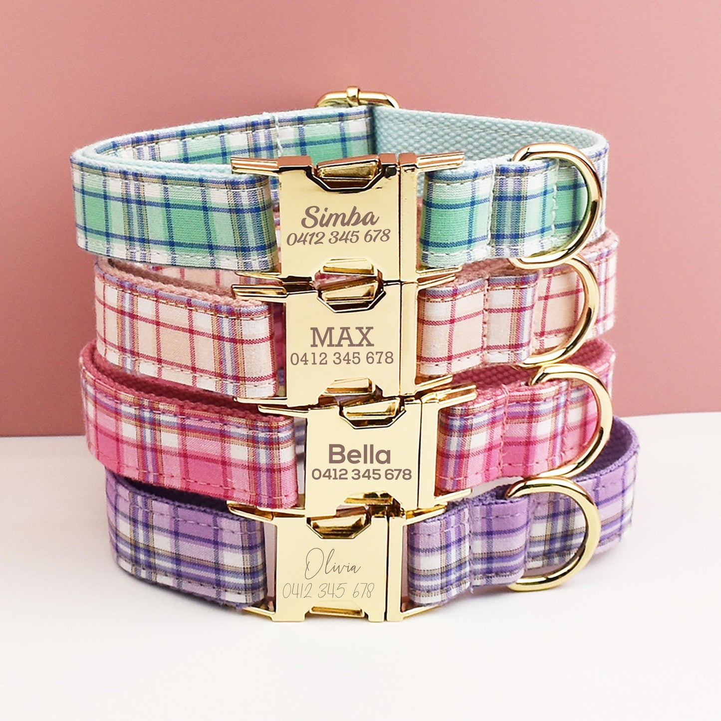 Plaid Dog Collar, Personalised Tag, Tartan Dog Collar and Leash or Bow, Collar for Male Dog, Pink, Light Pink, Green, Purle Gingham
