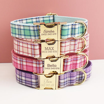 Plaid Dog Collar, Personalised Tag, Tartan Dog Collar and Leash or Bow, Collar for Male Dog, Pink, Light Pink, Green, Purle Gingham