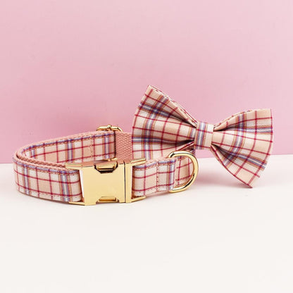 Plaid Dog Collar, Personalised Tag, Tartan Dog Collar and Leash or Bow, Collar for Male Dog, Pink, Light Pink, Green, Purle Gingham