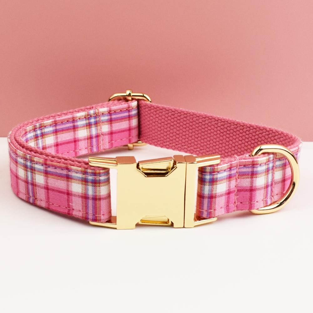 Plaid Dog Collar, Personalised Tag, Tartan Dog Collar and Leash or Bow, Collar for Male Dog, Pink, Light Pink, Green, Purle Gingham