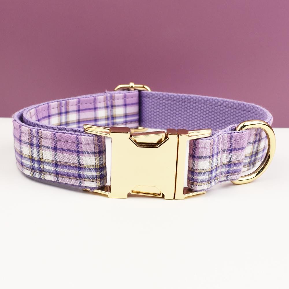Plaid Dog Collar, Personalised Tag, Tartan Dog Collar and Leash or Bow, Collar for Male Dog, Pink, Light Pink, Green, Purle Gingham