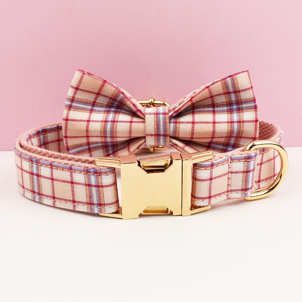 Custom Light Pink Plaid Personalised Dog Collar, Matching Dog Bowtie, Dog Leash, Roman Dog Harness
