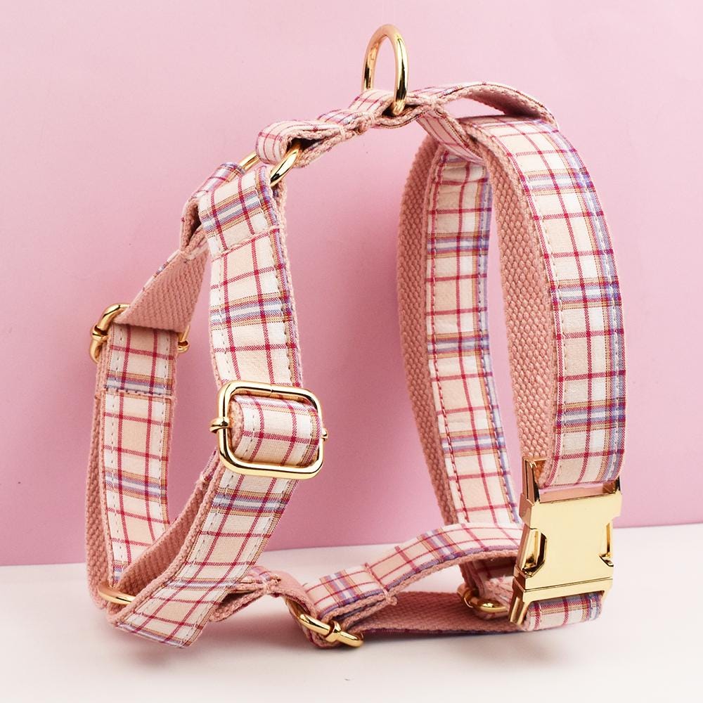 Custom Light Pink Plaid Personalised Dog Collar, Matching Dog Bowtie, Dog Leash, Roman Dog Harness
