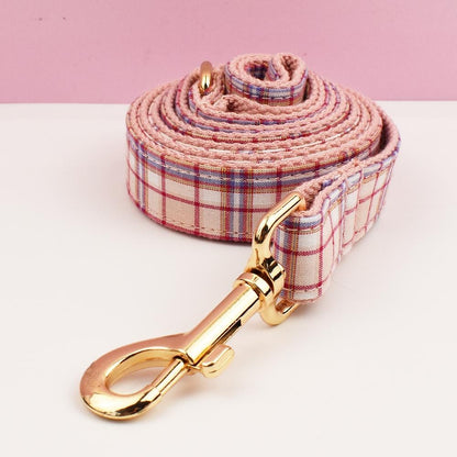 Custom Light Pink Plaid Personalised Dog Collar, Matching Dog Bowtie, Dog Leash, Roman Dog Harness