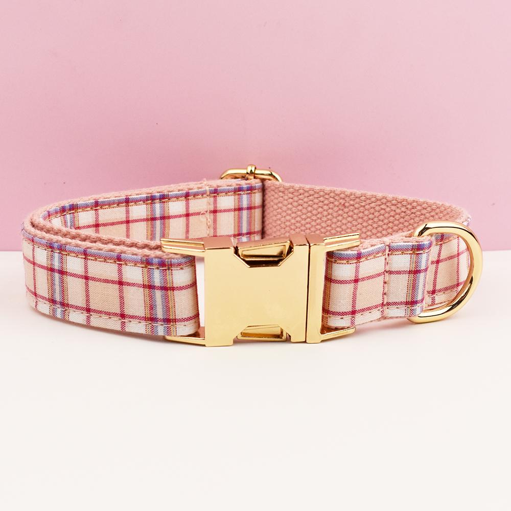 Custom Light Pink Plaid Personalised Dog Collar, Matching Dog Bowtie, Dog Leash, Roman Dog Harness