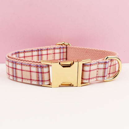 Custom Light Pink Plaid Personalised Dog Collar, Matching Dog Bowtie, Dog Leash, Roman Dog Harness