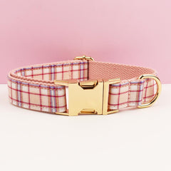 Custom Light Pink Plaid Personalized Dog Collar, Matching Dog Bowtie, Dog Leash, Roman Dog Harness, Different Combo