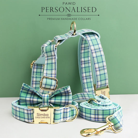Custom Green Plaid Personalised Dog Collar, Matching Dog Bowtie, Dog Leash, Roman Dog Harness