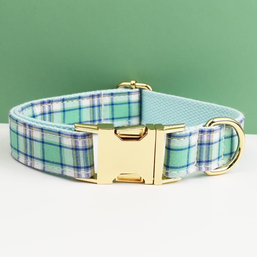 Custom Green Plaid Personalised Dog Collar, Matching Dog Bowtie, Dog Leash, Roman Dog Harness