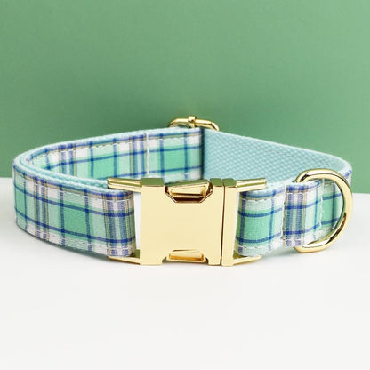 Custom Green Plaid Personalised Dog Collar, Matching Dog Bowtie, Dog Leash, Roman Dog Harness
