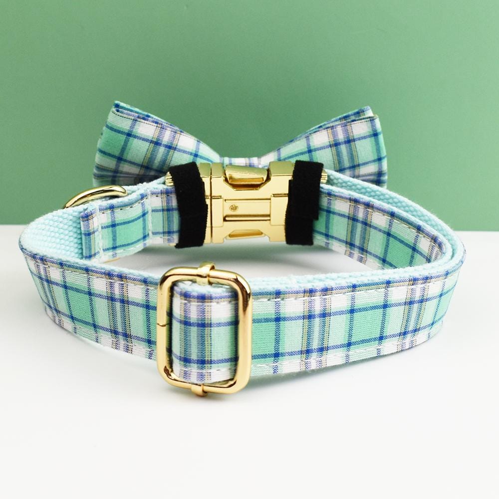 Custom Green Plaid Personalised Dog Collar, Matching Dog Bowtie, Dog Leash, Roman Dog Harness