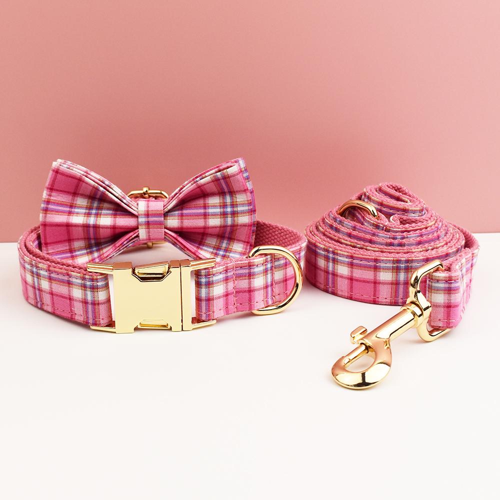Custom Hot Pink Plaid Personalised Dog Collar, Matching Dog Bowtie, Dog Leash, Roman Dog Harness
