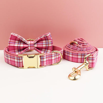 Custom Hot Pink Plaid Personalised Dog Collar, Matching Dog Bowtie, Dog Leash, Roman Dog Harness