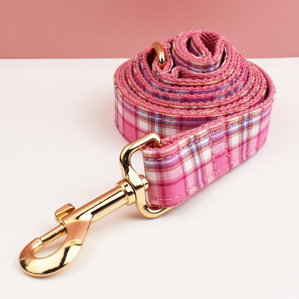 Custom Hot Pink Plaid Personalised Dog Collar, Matching Dog Bowtie, Dog Leash, Roman Dog Harness