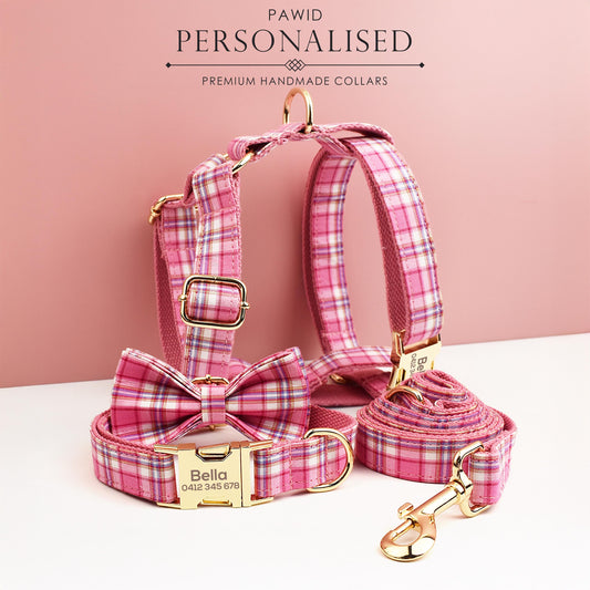 Custom Hot Pink Plaid Personalised Dog Collar, Matching Dog Bowtie, Dog Leash, Roman Dog Harness