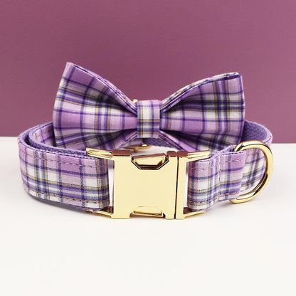 Custom Purple Plaid Personalised Dog Collar, Matching Dog Bowtie, Dog Leash, Roman Dog Harness