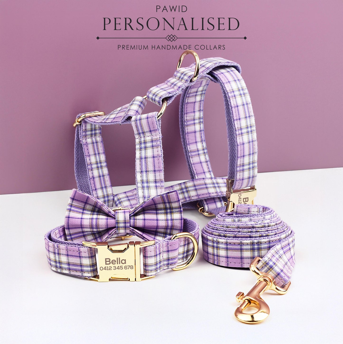 Custom Purple Plaid Personalised Dog Collar, Matching Dog Bowtie, Dog Leash, Roman Dog Harness