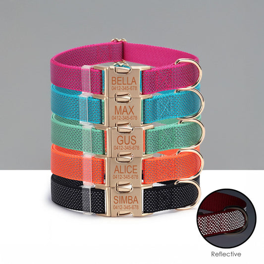 Personalised Reflective Dog Collar, Reflective Flat Collar, Nylon Webbing Collar, Unisex Collar, Red, Black, Green, Pink, Blue, Orange