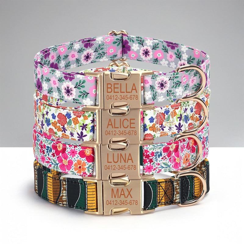 Personalized Engraved Dog Collar Tribal Embroidery Fabric Dog Collar with Custom Name Buckle