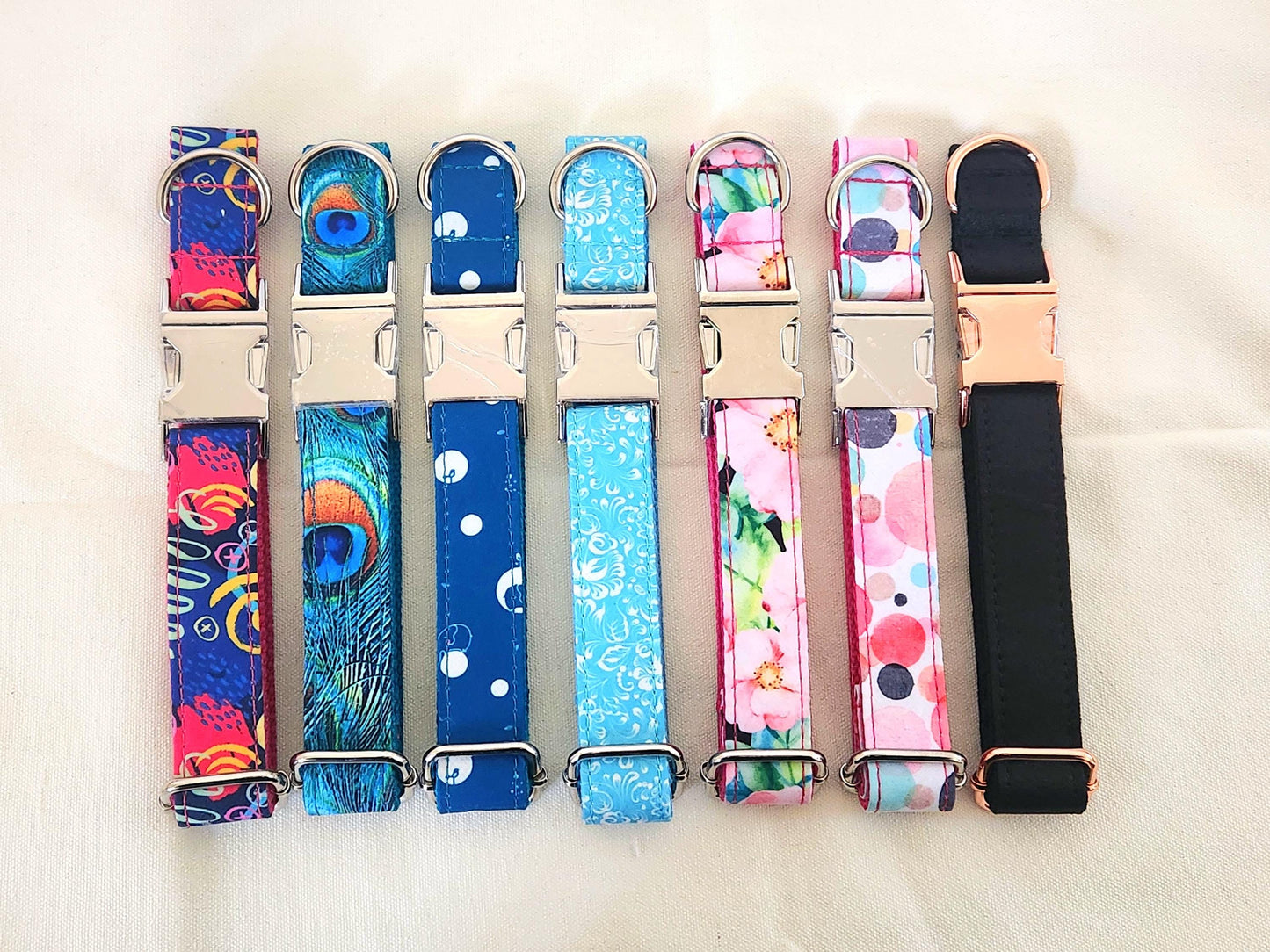 CLEARANCE, NEXT day ships, Black, Graffiti, Peacock, Floral and Bubble Patter Dog Collar Personalised Buckle with Custom Name ID