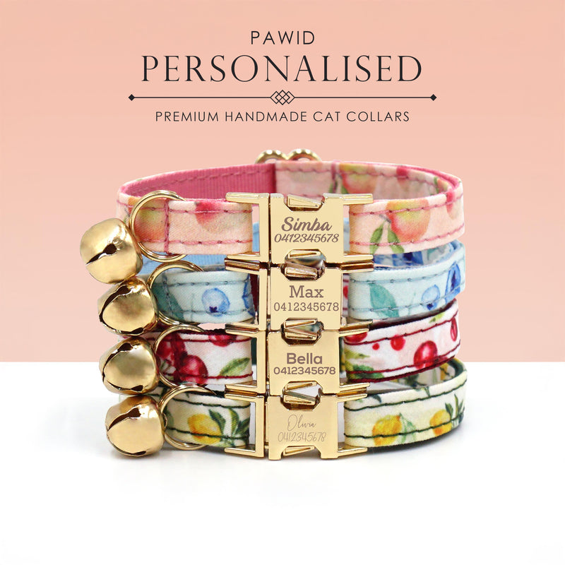 Personalised Cat Collar in Lemon, Blueberry Peach Cherry Pattern, Kitten Collar with Bell or Bow, Collar for Female Male Cat, Engraved Name