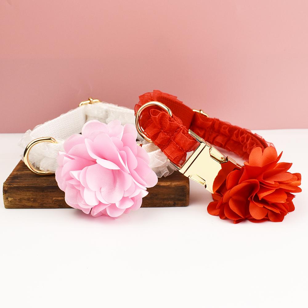 Lace Dog Collar, Personalized Tag, Custom Name Dog Collar and Leash or Velvet Poop Bag, Collar for Male Dog, Pink, Red Orange, Blue Lace