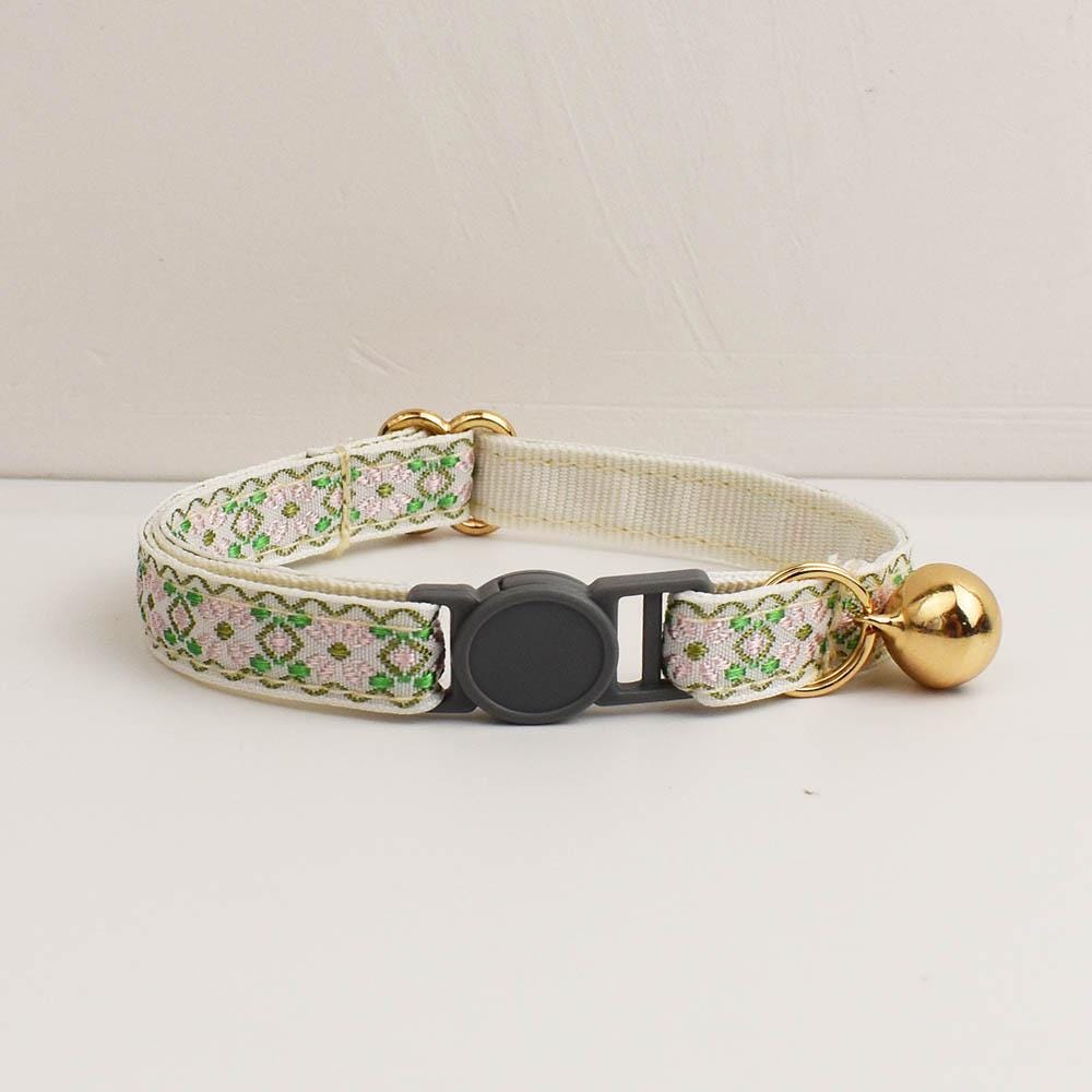 Floral Breakaway Embroidery Personalised Cat Collar, Leash Set, Custom Engraved Kitten Name Safety Buckle