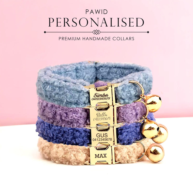 Teddy Bear Cat Collar, Personalized Tag, Fluffy Fleece Cat Collar with Bell or Bow, Custom Name Cat Collar, Engraved Name on Puppy Collar,