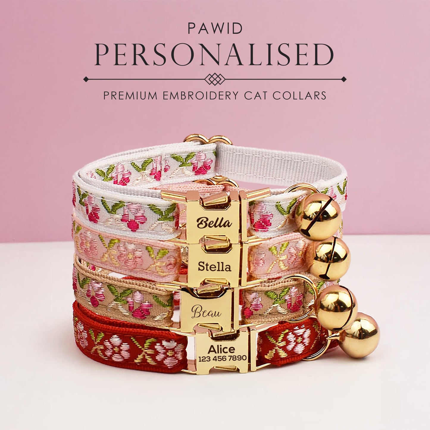 Girl Cat Collar, Personalised Tag, Custom Embroidery Cat Collar with Bell or Leash, Collar for female Cat, Engraved Name Lace Puppy Collar