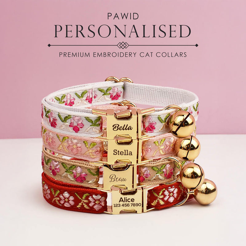 Girl Cat Collar, Personalized Tag, Custom Embroidery Cat Collar with Bell or Leash, Collar for female Cat, Engraved Name Lace Puppy Collar