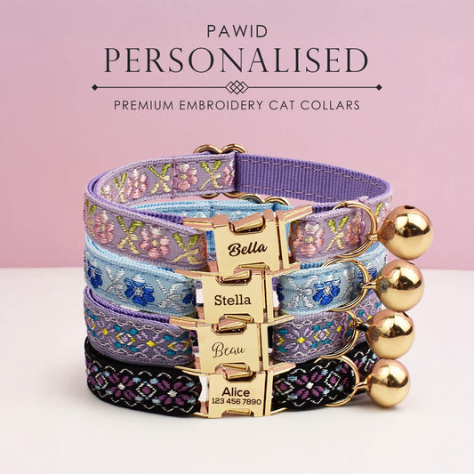 Custom Embroidery Cat Collar, Personalised Tag, Custom Cat Collar with Bell or Leash, Collar for Male Cat, Engraved Name on Puppy Collar
