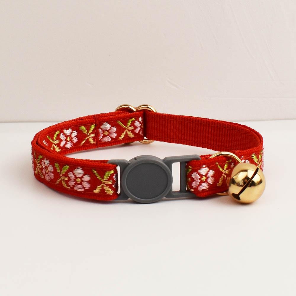 Floral Breakaway Embroidery Personalised Cat Collar, Leash Set, Custom Engraved Kitten Name Safety Buckle