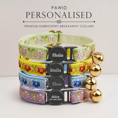 Personalised Floral Breakaway Embroidery Cat Collar, Leash Set, Custom Engraved Kitten Name Safety Buckle