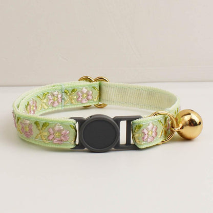 Personalised Floral Breakaway Embroidery Cat Collar, Leash Set, Custom Engraved Kitten Name Safety Buckle