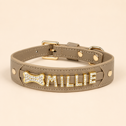 Personalised Rhinestone Name Dog Collar, Custom PU Leather Pet Collar with Sparkly Crystal Letters & Charm, Bling Name Collar for Small Medium & Large Dogs