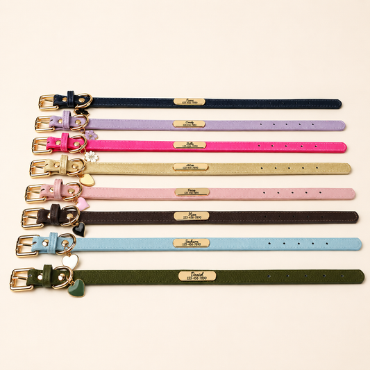Personalised PU Leather Dog Collar, Custom Engraved Pet ID Name Collar with Charm, Soft Cat & Puppy Collar for Small & Medium Dogs & Cats