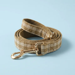 Personalized Dog Collar & Harness Set - Khaki Plaid (Light Blue Theme)