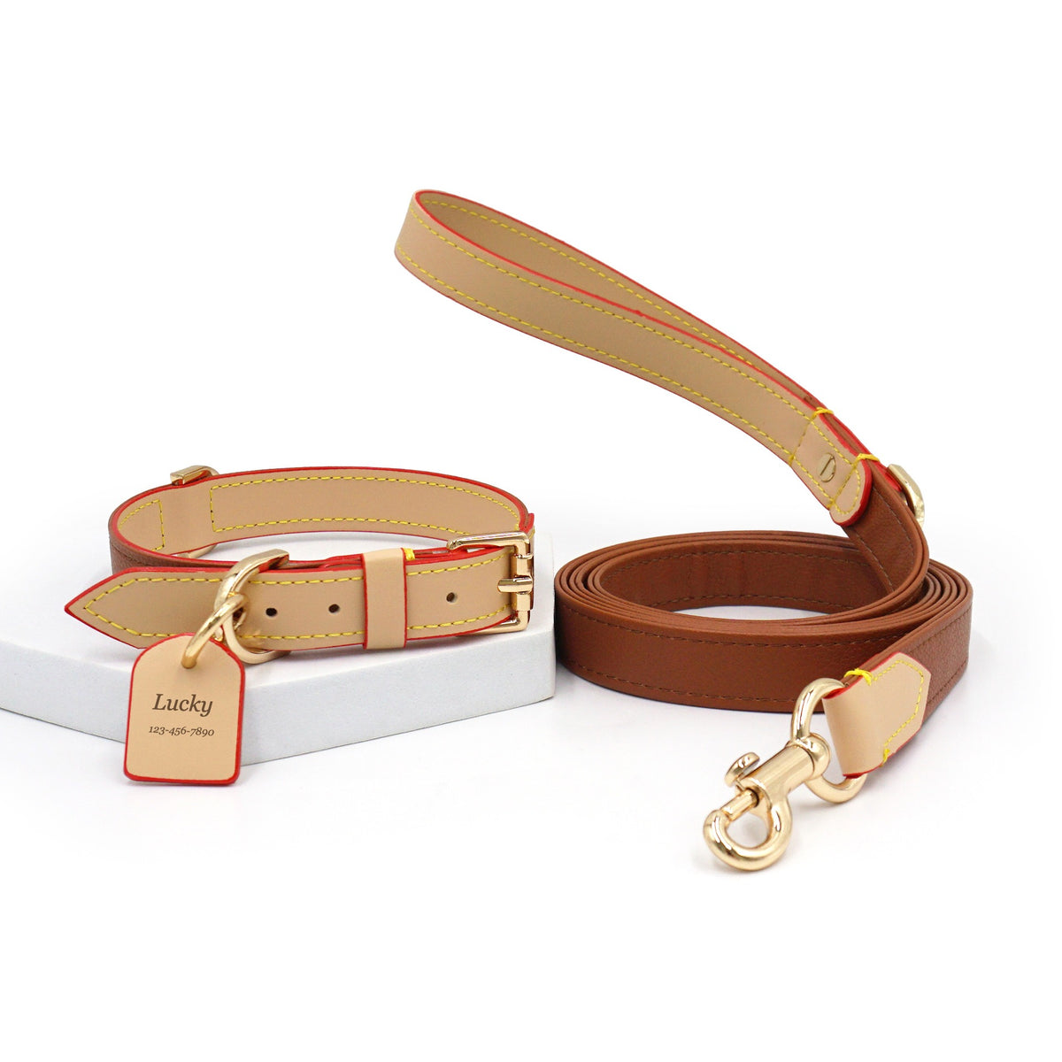 Caramel leather dog collar, leash and engraved name tag set