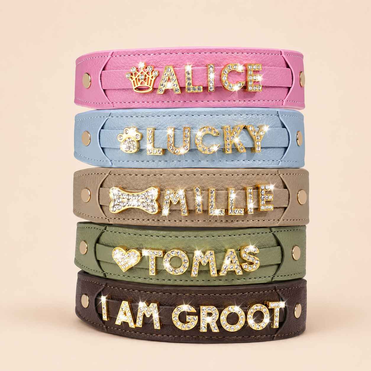 Personalised Rhinestone Name Dog Collar, Custom PU Leather Pet Collar with Sparkly Crystal Letters & Charm, Bling Name Collar for Small Medium & Large Dogs