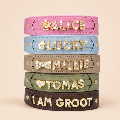 Personalised Rhinestone Name Dog Collar, Custom PU Leather Pet Collar with Sparkly Crystal Letters & Charm, Bling Name Collar for Small Medium & Large Dogs