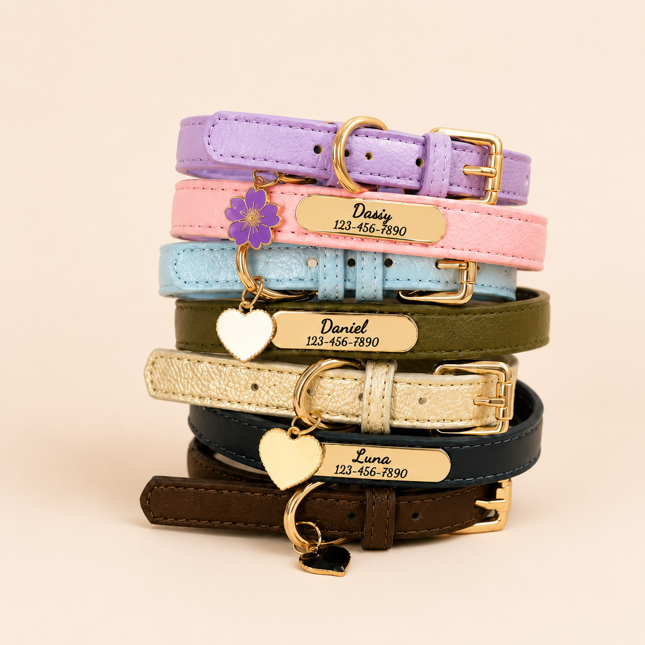 Personalised PU Leather Dog Collar, Custom Engraved Pet ID Name Collar with Charm, Soft Cat & Puppy Collar for Small & Medium Dogs & Cats