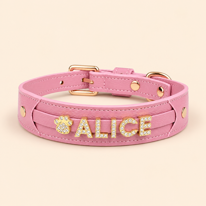 Personalised Rhinestone Name Dog Collar, Custom PU Leather Pet Collar with Sparkly Crystal Letters & Charm, Bling Name Collar for Small Medium & Large Dogs