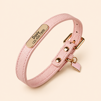 Personalised PU Leather Dog Collar, Custom Engraved Pet ID Name Collar with Charm, Soft Cat & Puppy Collar for Small & Medium Dogs & Cats