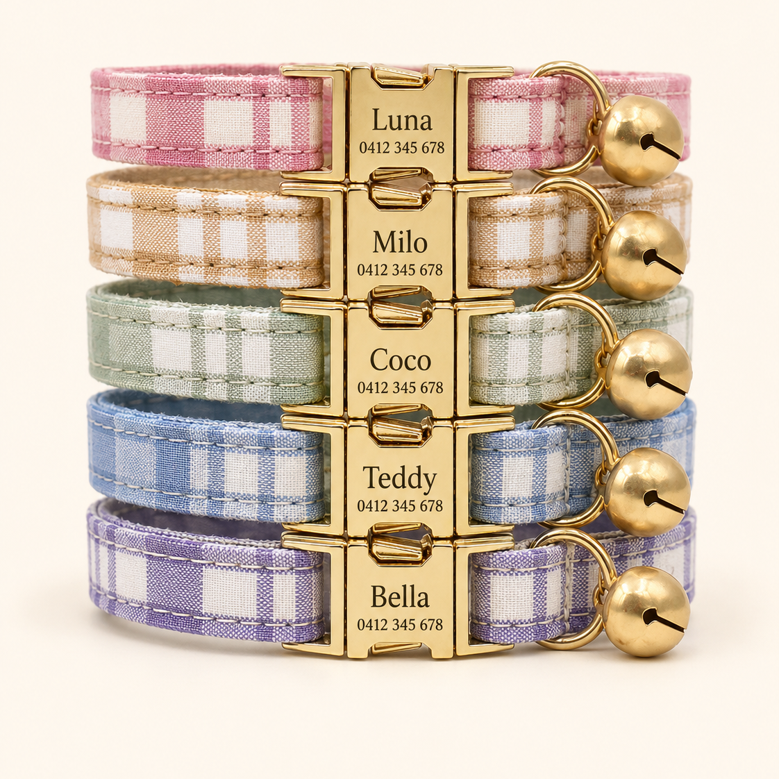 All 5 Plaid Tartan Cat Collars stacked with engraved name tags