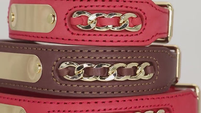 Personalised laser engraved genuine leather golden chain deco dog collar for small to large dogs
