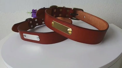 Leather dog collar Personalised classic genuine brown leather (gold/silver buckle) * custom dog collar with nameplate