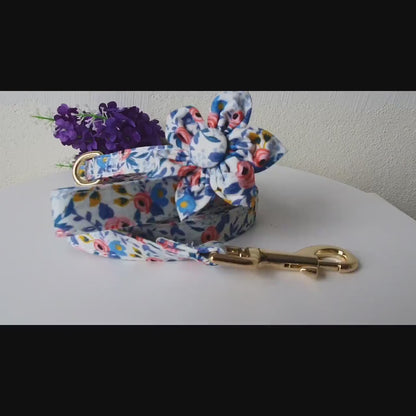 Engraved Floral Dog Collar Or Leash Set with Matching Flower in Beige, Pink, Green, Blue and Floral Pattern, Girl Dog Collar