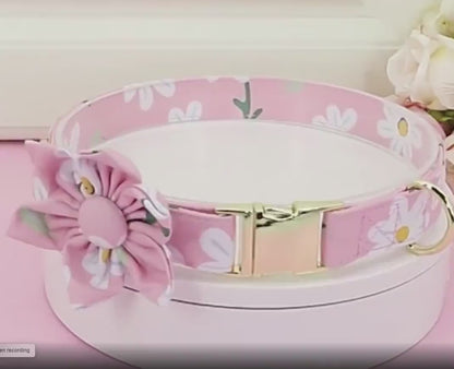 Personalised Floral Dog Collar with Pink Daisy Custom Engraved Girl Dog Collar, Removable Flower